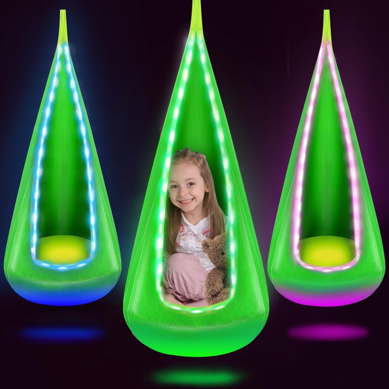Bghdas Light Up Kids Pod Swing Seat, Hanging Hammock Chair with LED Lights, Upgraded Cotton Child Sensory Swing Seat, Sensory Swing for Autistic Kids Indoor & Outdoor Play (Green) - Image 1